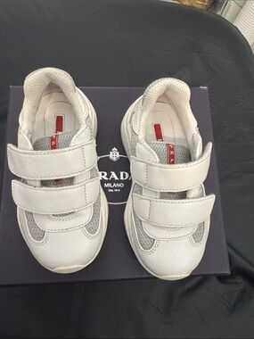 Prada Kids White and Gray Velcro Sneakers
